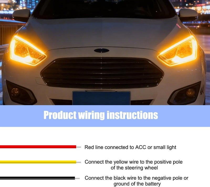 Sandfren 2PCS Car Headlight LED Strip Light, 24" Flexible Dual Color Turn Signal Light Strip with Dynamic Streamer Effect, Waterproof Automotive Daytime Running Lamp, Universal Fit (Blue/Yellow) - Image 5
